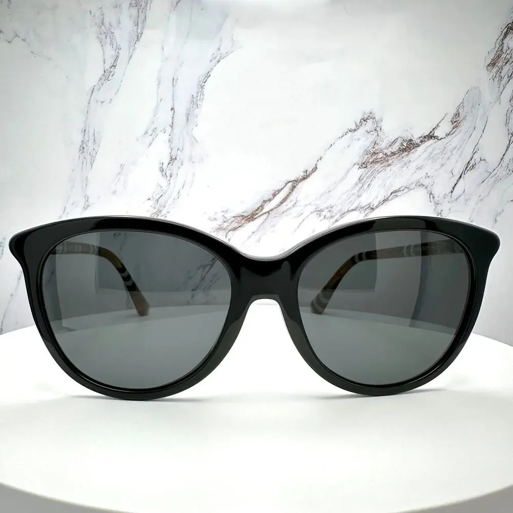 New Burberry Sunglasses Black Front Round Pantos Frame Checkered Arms Gray Lens